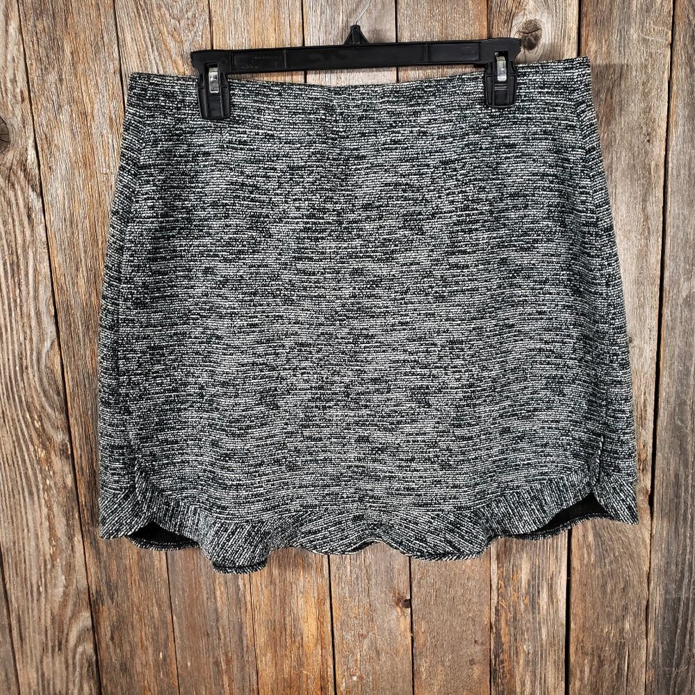 Loft L Women's Black Teal Green Tweed Boucle Ruffle Flippy Swing Mini Skirt